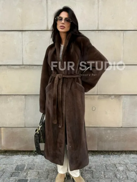 Норковая шуба, цельный мех PREMIUM COLLECTION VELVET - цвет соболь - фото 0