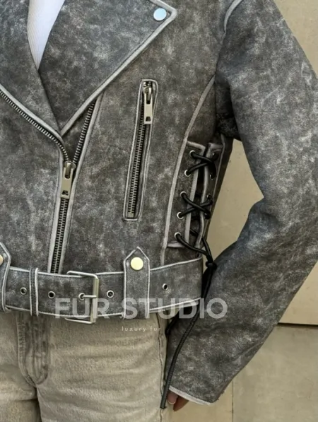 Косуха из натуральной кожи Vintage со шнуровкой - цвет серый - фото 2