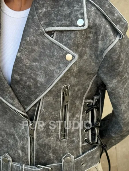 Косуха из натуральной кожи Vintage со шнуровкой - цвет серый - фото 1
