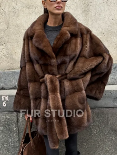 Полушубок из меха норки Brown Velvet, английский воротник фасон - летучая мышь - фото 4