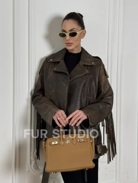 Косуха Vintage brown с кожаной бахромой на спине - фото 7