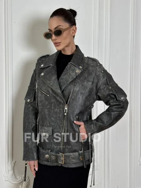 Косуха женская из натуральной кожи Vintage со шнуровкой - цвет серый - фото 6