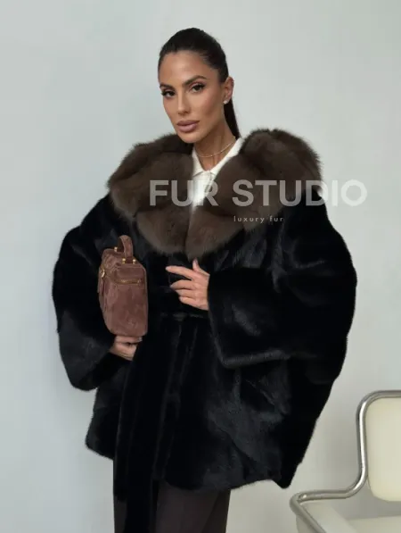 Норковый полушубок с капюшоном - летучая мышь - фото 0