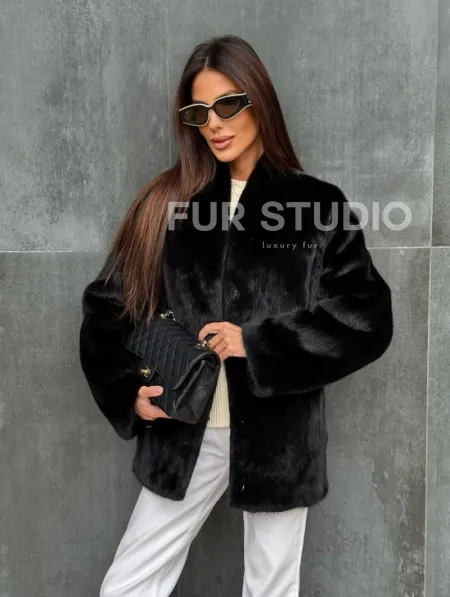 Черный норковый полушубок V-образный воротник - фото 7