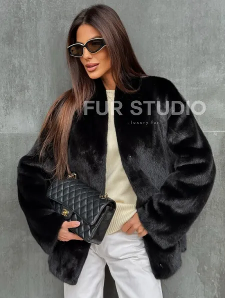 Черный норковый полушубок V-образный воротник - фото 0