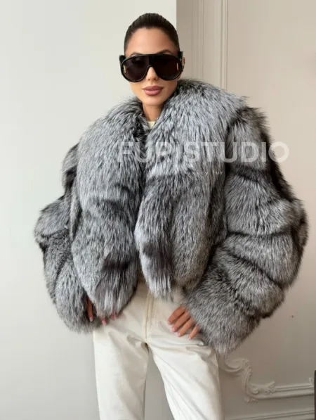 Кроп-полушубок с шалевым воротником из чернобурки - фото 9