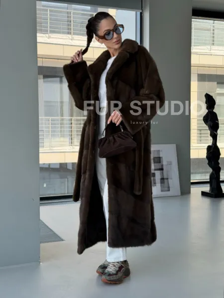 Коричневая норковая шуба - кимоно - фото 9