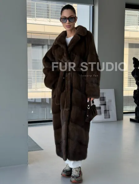 Коричневая норковая шуба - кимоно - фото 7