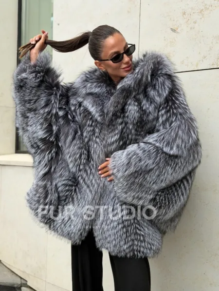 Шуба из чернобурки с капюшоном в росшив - летучая мышь - фото 22