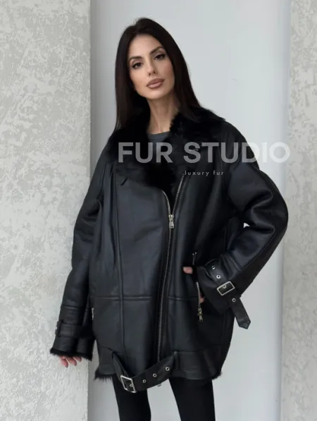 Черная дубленка - авиатор на тоскане - фото 5