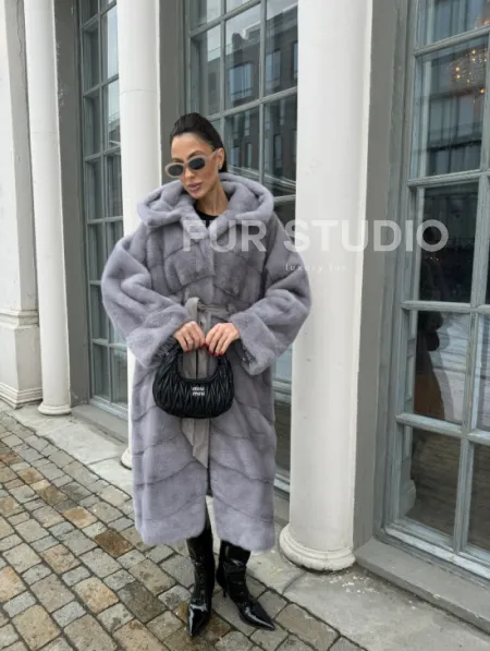 Норка кимоно паркет с капюшоном - цвет серый сапфир - фото 8