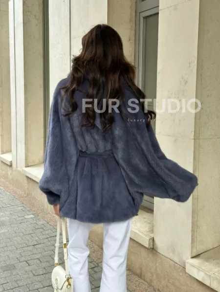 Шуба норковая летучая мышь - цвет джинс - фото 5