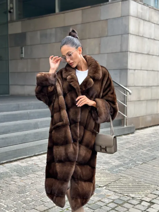 Шуба из меха норки английский воротник - цвет соболь - фото 5