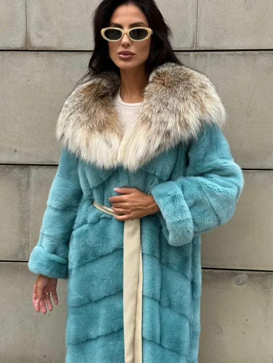 Шуба норковая с капюшоном из меха рыси - цвет Тиффани - фото 8