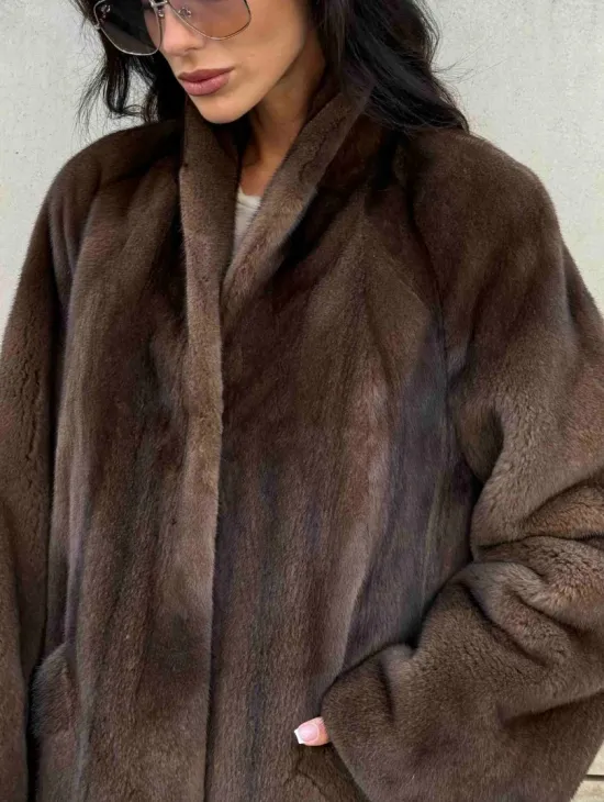 Норковая шуба, цельный мех PREMIUM COLLECTION VELVET - цвет соболь - фото 1