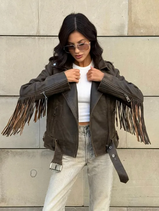 Куртка из натуральной кожи с бахромой «Vintage» - коричневая - фото 11