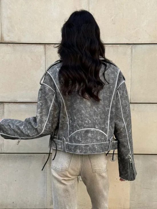 Косуха из натуральной кожи Vintage со шнуровкой - цвет серый - фото 12