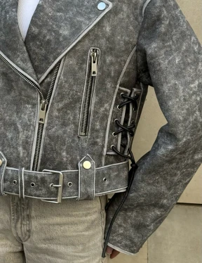Косуха из натуральной кожи Vintage со шнуровкой - цвет серый - фото 2