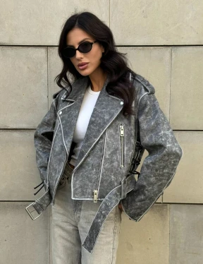 Косуха из натуральной кожи Vintage со шнуровкой - цвет серый - фото 11