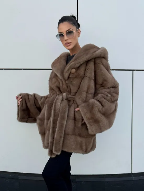 Норковая шуба автоледи с капюшоном кобра, цвет Тортор - фото 10