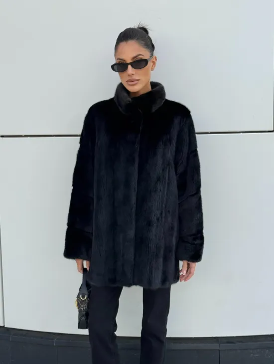 Норковая шуба полупальто из меха норки стойка воротник - фото 3