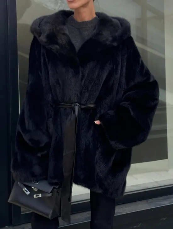 Шуба норковая натуральная с капюшоном кобра - накладные карманы - фото 1
