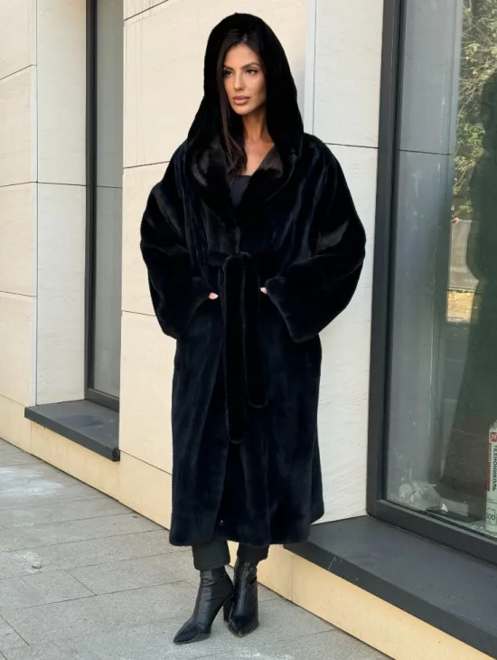 Норка кимоно BLACKGLAMA роспуск, капюшон кобра - фото 5