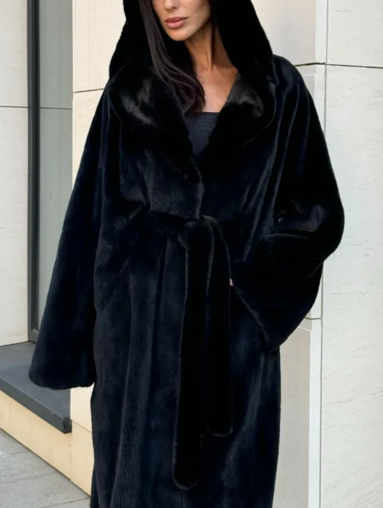 Норка кимоно BLACKGLAMA роспуск, капюшон кобра - фото 2