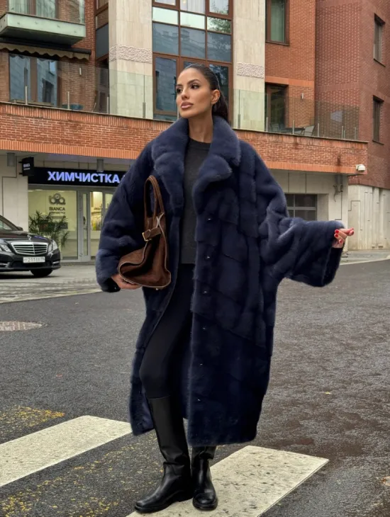 Норковая шуба-пальто в цвете джинс, стиль  “Бохо“ — батальный размер - фото 14
