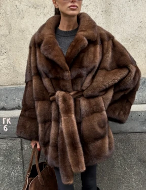 Полушубок из меха норки Brown Velvet, английский воротник фасон - летучая мышь - фото 4
