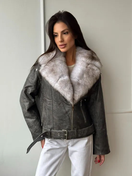 Куртка - косуха демисезонная из натуральной кожи с мехом песца - фото 0