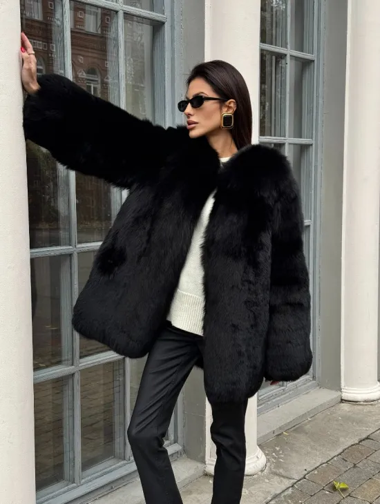 Шуба - жакет из меха песца цельные платины TOTAL BLACK - фото 6