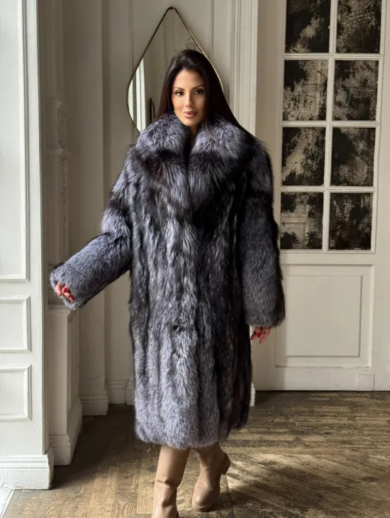 Длинная шуба из натурального меха чернобурки, воротник шаль - фото 6