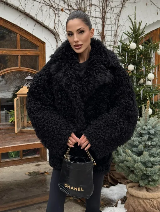 Черная короткая шуба - дубленка из испанской овчины «Тиградо» - фото 4