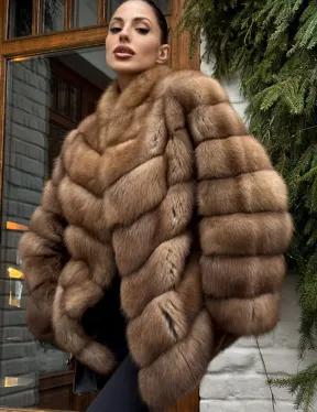 Полушубок из куницы с воротником V-образным - фото 4