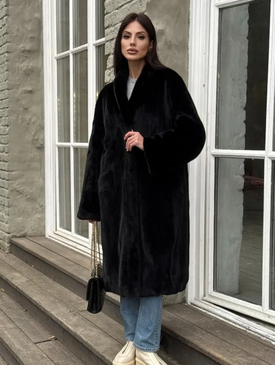 Шуба из норки Black в классической выкладке с воротником стойка-шаль - фото 5