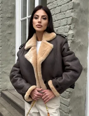 Кроп - дубленка двубортная Dark brown на пуговицах - фото 0