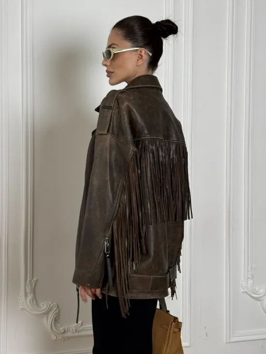 Косуха Vintage brown с кожаной бахромой на спине - фото 1