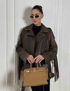 Косуха Vintage brown с кожаной бахромой на спине - фото 7