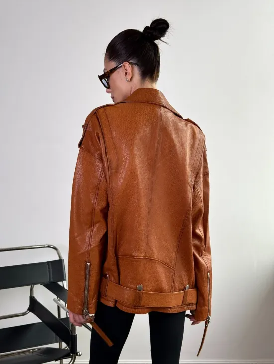 Удлиненная косуха «Прямой Оверсайз» из натуральной кожи whiskey - фото 3