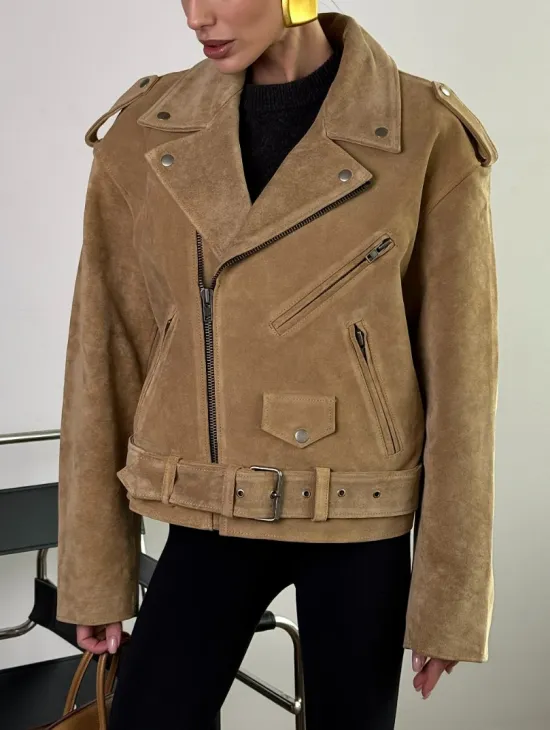 Косуха «Прямой Оверсайз» из мягкой кожи (замши) Camel - фото 2