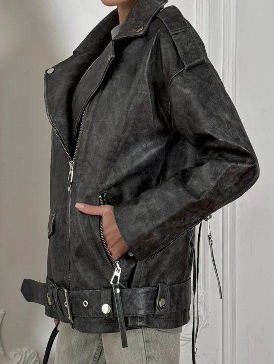 Женская кожаная куртка авиатор со шнуровкой на спине Dark grey - фото 1