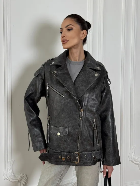 Женская кожаная куртка авиатор со шнуровкой на спине Dark grey - фото 9