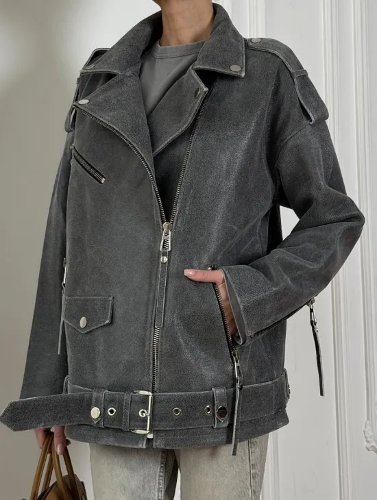 Винтажная кожаная косуха оверсайз - серый графит - фото 1
