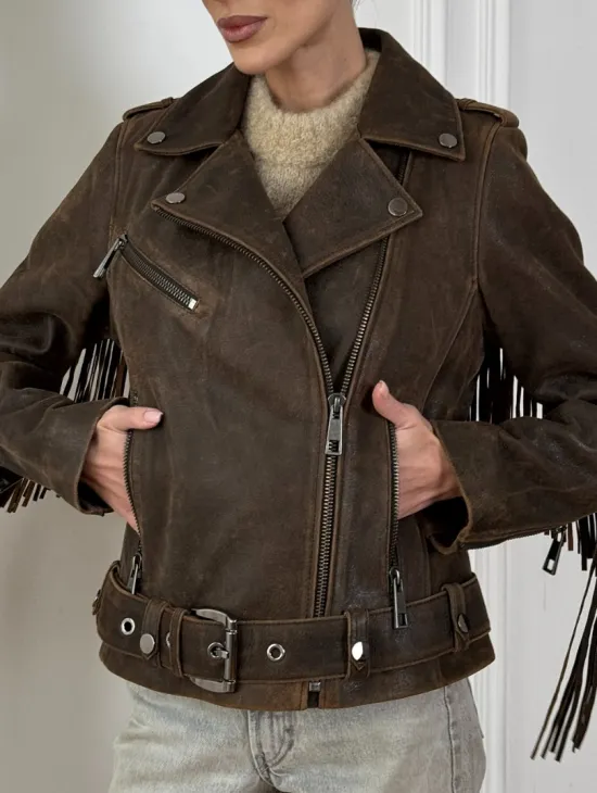 Коричневая кожаная куртка - косуха с бахромой. Мотоциклетная куртка, демисезон - фото 1