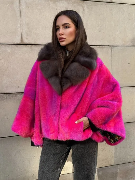 Полушубок - летучка из меха норки в цвете фуксия 