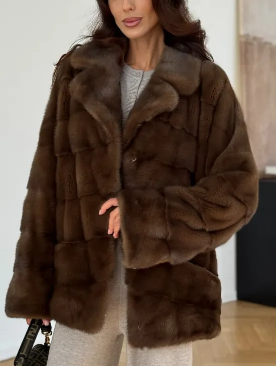 Шуба-кокон из норки с английским воротником и манжетом - фото 2