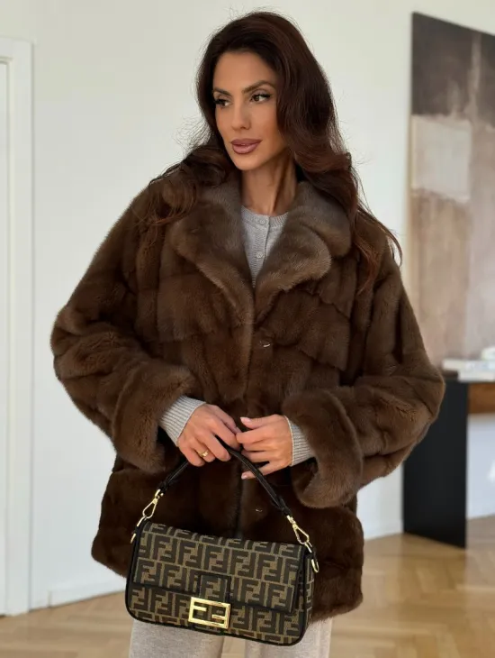 Шуба-кокон из норки с английским воротником и манжетом - фото 9