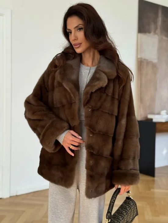 Шуба-кокон из норки с английским воротником и манжетом - фото 8