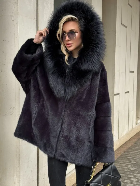 Полушубок норковый автоледи с отделкой из чернобурки на капюшоне - фото 5